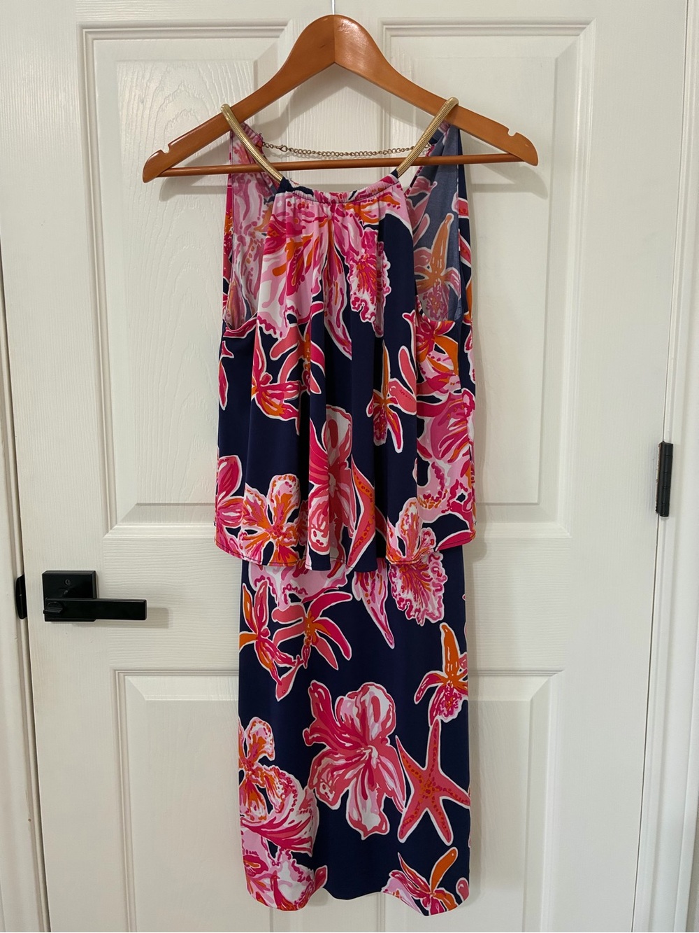 Lilly Pulitzer Navy Pink Floral Midi Dress, coral and navy blue, gold accents
